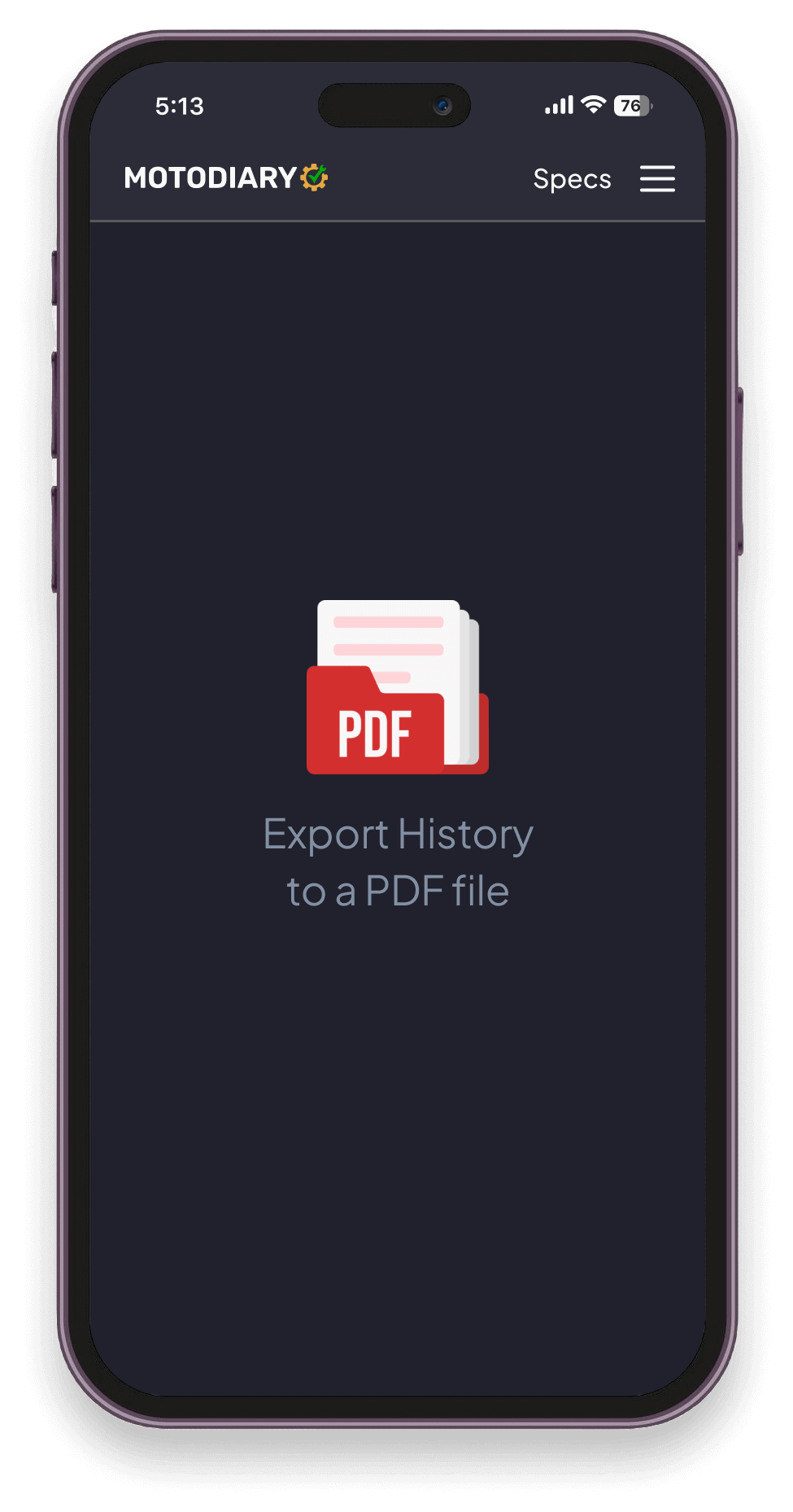 MotoDiary PDF export feature on phone