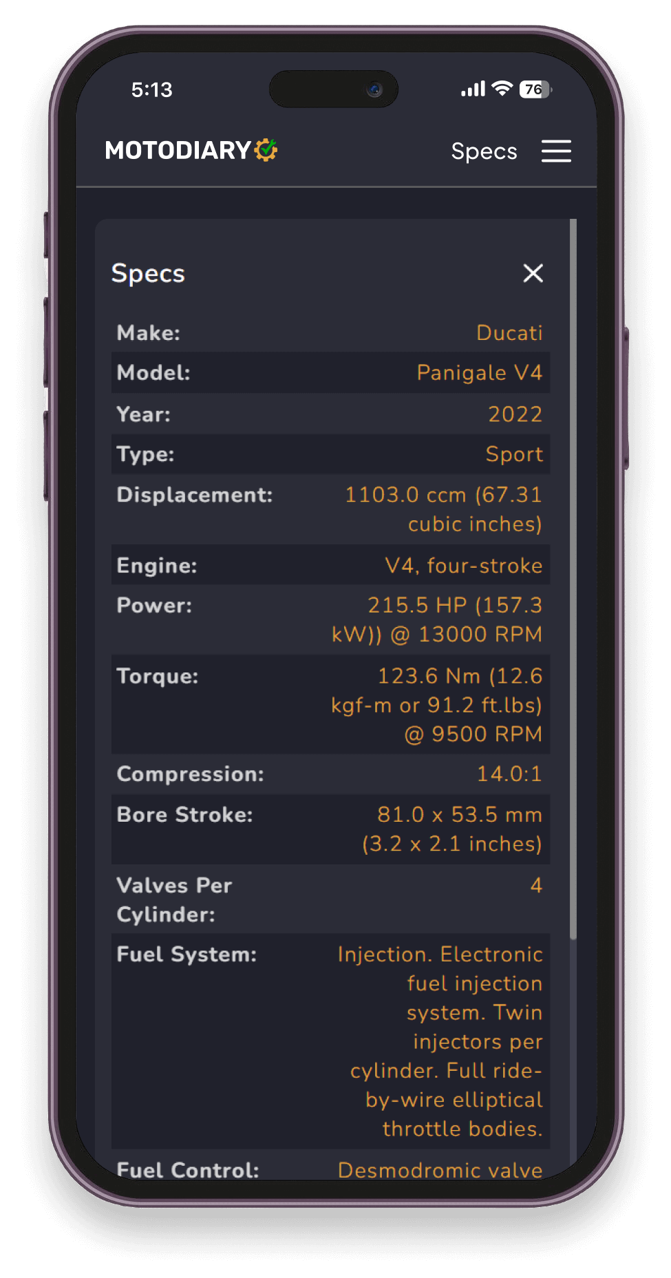 MotoDiary bike specs feature on phone