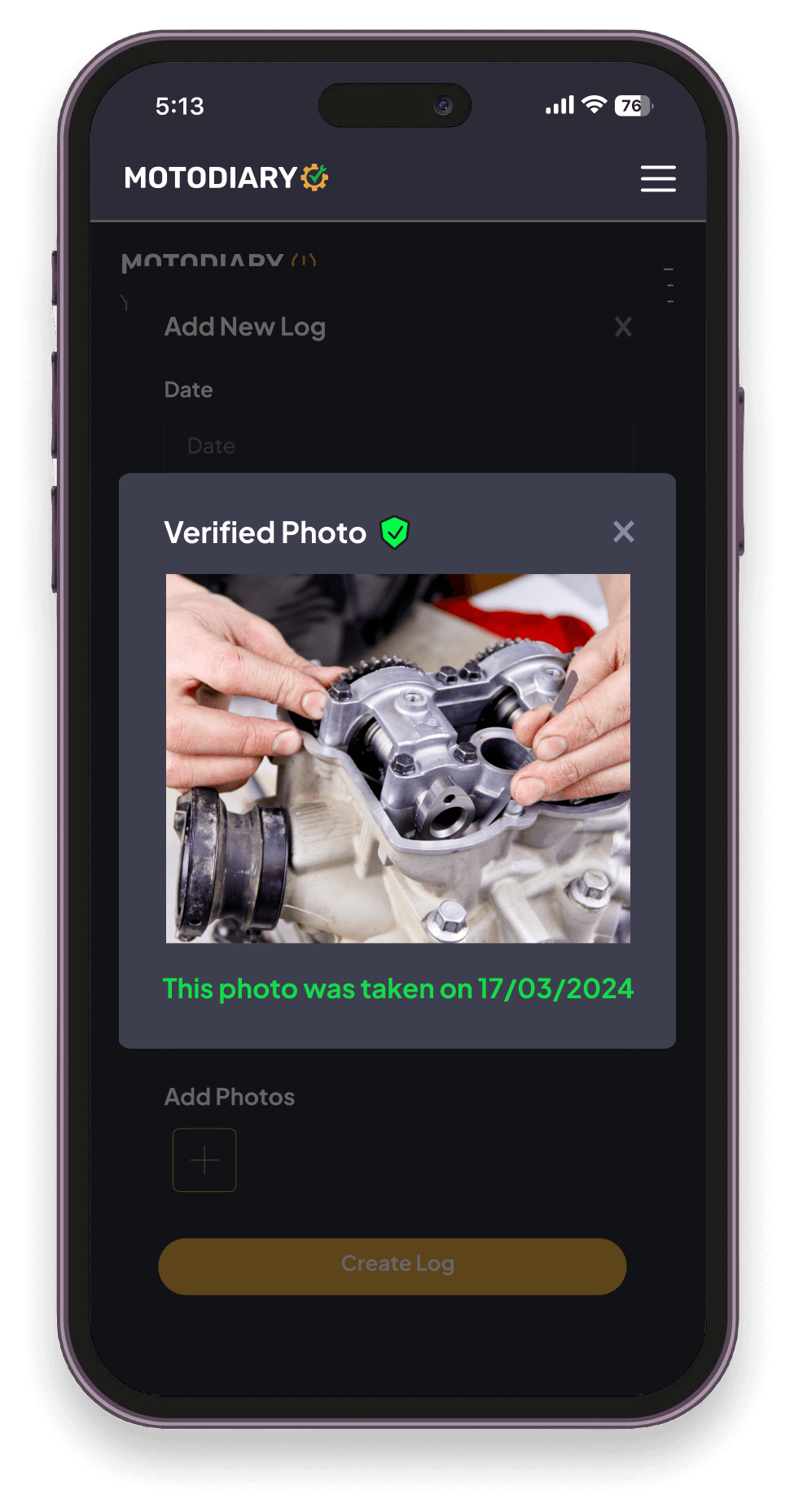 MotoDiary verified photo feature on phone